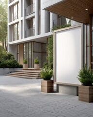 Modern architectural design featuring a clean, elegant facade and outdoor space with planters in a city setting.