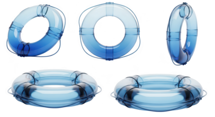 Transparent blue life rings arranged on a white surface showcasing various angles representing safety and security concepts