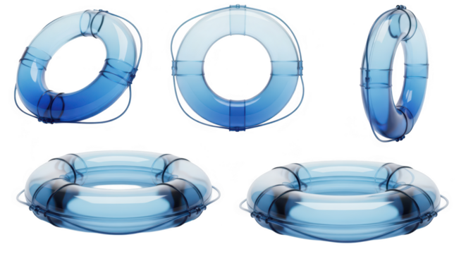 Transparent blue life rings arranged on a white surface showcasing various angles representing safety and security concepts