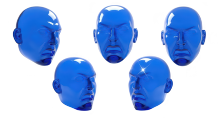 Blue transparent 3D heads showing anger against a white backdrop for illustrations or visualizations