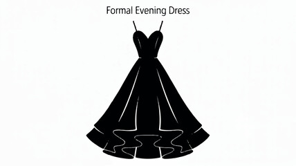 Elegant black and white silhouette of a formal evening gown with a fitted bodice and flowing full skirt
