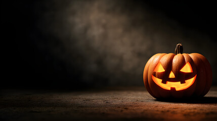 Carved Halloween pumpkin with glowing eyes on dark background and empty area above for branding or title
