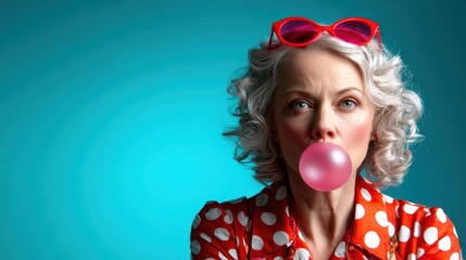 A stylish woman chewing bubble gum radiates retro charm, embodying youthful spirit and playful nostalgia with vibrant colors and striking fashion elements.
