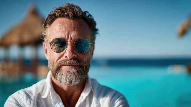 A sophisticated man with a beard and stylish sunglasses stands confidently poolside, radiating charm and relaxation against a backdrop of glistening water and sunny skies.