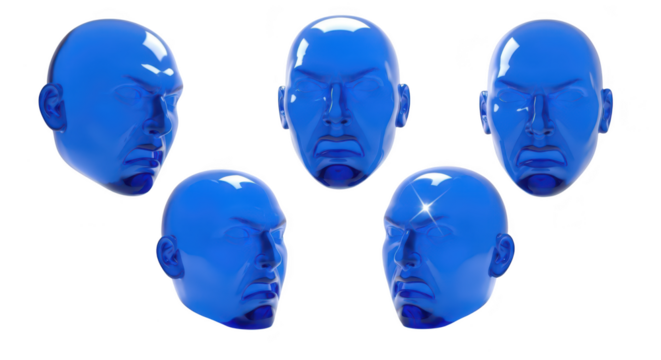 Blue transparent 3D heads showing anger against a white backdrop for illustrations or visualizations
