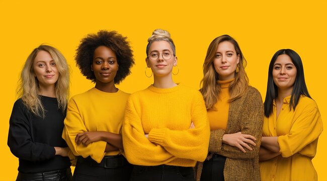 Confident, diverse women standing together with arms folded against bold yellow backgrounds, symbolizing unity and empowerment - Powered by Adobe