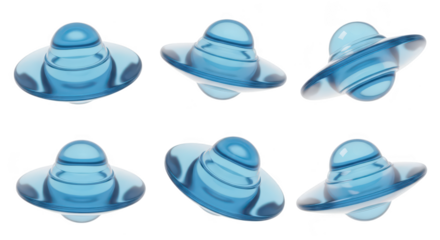 3D-rendered blue flying saucers rotating against a white backdrop offering multiple perspectives for sci-fi illustration game assets or abstract design
