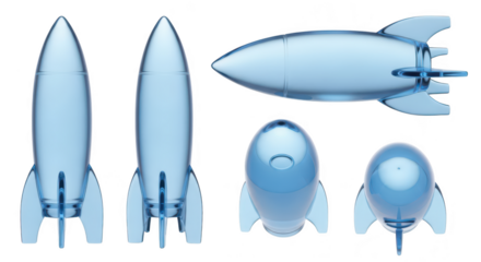 Transparent blue rocket models in various views against a clean white backdrop suitable for educational material or conceptual design