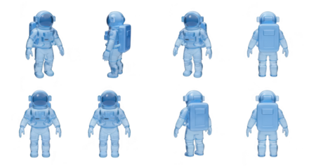 Blue astronaut poses in various views on a white backdrop perfect for educational scientific or illustrative purposes