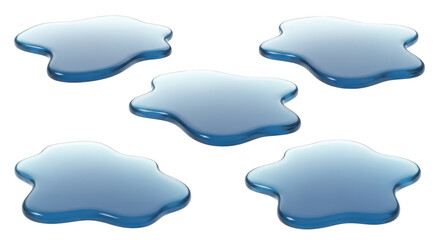 Five abstract water puddles on a white background suitable for illustrating concepts like cleaning hydration or spills