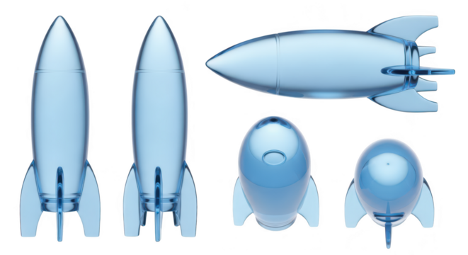 Transparent blue rocket models in various views against a clean white backdrop suitable for educational material or conceptual design