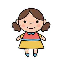 Obraz premium Cute cartoon girl doll with pigtails and colorful dress, hand-drawn illustration, no background 