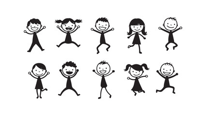 Stick figures kids jumping playing happy children simple outline