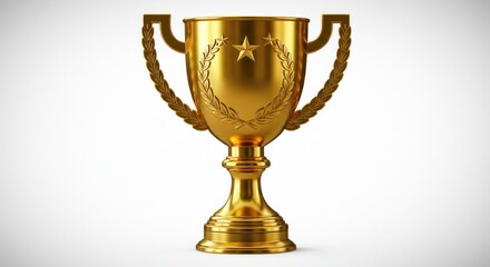 Gleaming, metallic gold trophy with handles, star emblem, & laurel wreath details, centrally staged