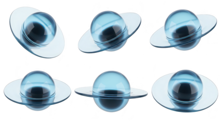 Glass planets floating on white background showing multiple angles for science space or design visuals