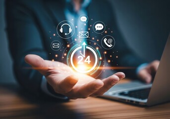 Customer service technology and support icons floating above hand