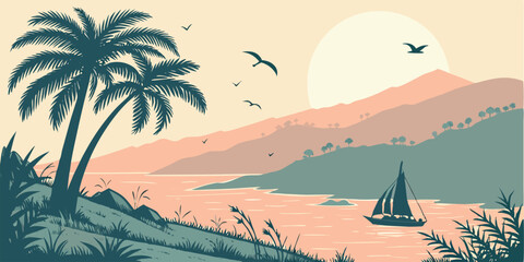 Tropical Island Landscape with Palm Trees Sailboat and Sunset a Serene Vector Illustration for Travel and Vacation Concepts © design png