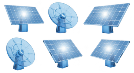 Blue 3D solar panels generating energy against a white background illustrating clean energy technology and renewable resources