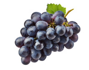 Delicious bunch of fresh purple grapes with green leaf isolated on transparent background