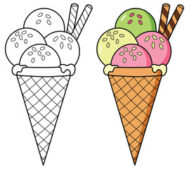 Coloring Page and Colored Ice Cream Cone Illustration with Three Scoops and Wafers - Fun Summer Dessert Art