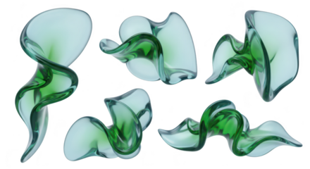 Green glass sculptures flowing on a white background creating elegant abstract 3D art used for visual elements