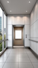 Modern elevator interior featuring sleek design, large windows, and bright lighting, perfect for showcasing contemporary architecture.