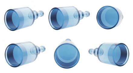Glass bottles in various orientations isolated on a white background showcasing transparency for concept illustrations