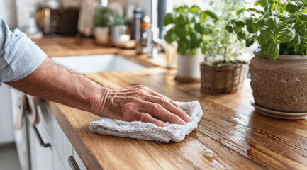 Hand wiping wooden kitchen counter with cloth near fresh herbs, illustrating cleanliness, home care, sustainability, hygiene and daily household maintenance.