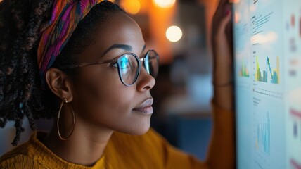 Confident black female data scientist analyzing visualizations on a transparent screen in a modern workspace. Data scientist