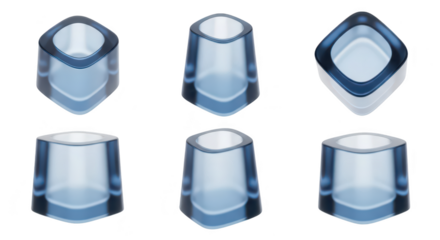Six blue transparent glass vases in different angles against a white background showcasing design and product variations for visual display