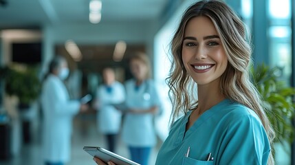 Fototapeta premium Smiling Nurse Holding Digital Tablet in Hospital Hallway, Doctor Team Background, Professional Color Grading Sharp Focus 