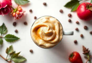 Fluffy creamy coffee topping on white background,  beverage,   whipped coffee art