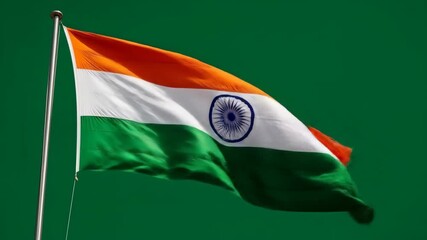 Vibrant Indian National Flag Waving - This video captures the Indian national flag in full motion, showcasing its vibrant orange, white, and green colors with the iconic Ashoka Chakra at the center.