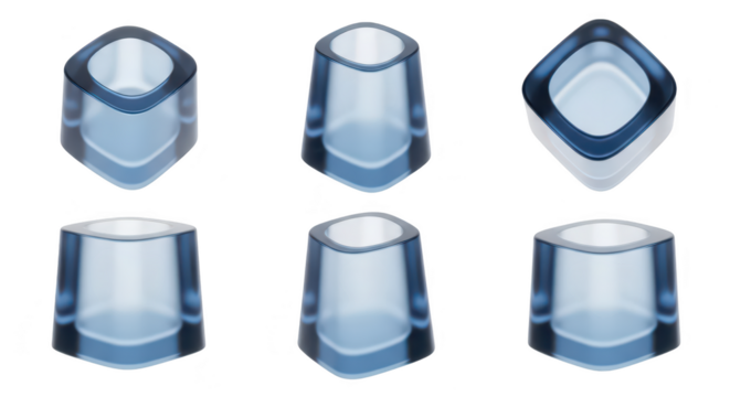 Six blue transparent glass vases in different angles against a white background showcasing design and product variations for visual display - Powered by Adobe