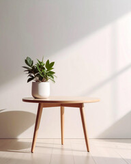 A modern home interior features a stylish dining room with wooden furniture, a table, and chairs, all set against a clean wall with elegant decor