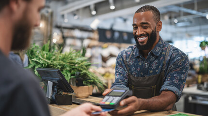 Smiling cashier holds card reader for customer payment in modern shop, emphasizing retail service, friendly interaction, contactless transaction, and small business environment.