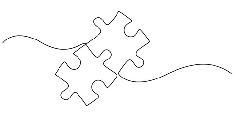 Continuous single line drawing of two puzzle jigsaw pieces. One line drawing of puzzle pieces for ideas, Continuous one line drawing of two puzzle pieces. Isolated. Vector, Two connected puzzles pro.