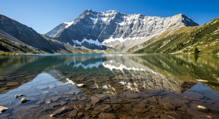 Naklejka premium Majestic mountain reflected in a pristine alpine lake.