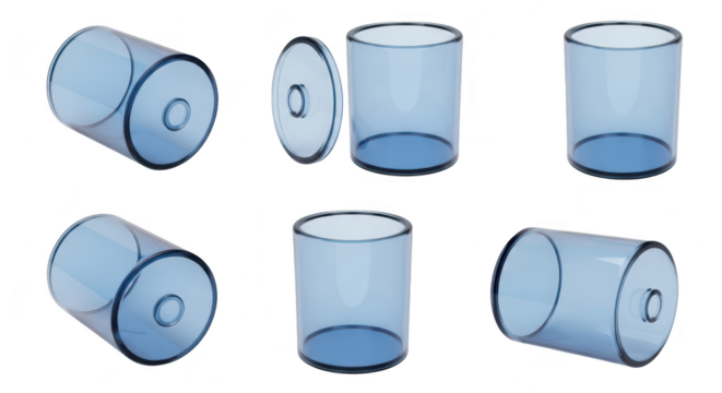 Blue glass containers arranged on white backdrop lid detached Suitable for product display or storage