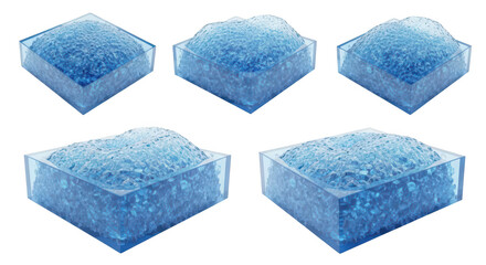 3D rendering of blue water bubbles in clear square containers different angles on white background showcasing the element for design or product representation