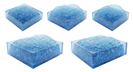 3D rendering of blue water bubbles in clear square containers different angles on white background showcasing the element for design or product representation