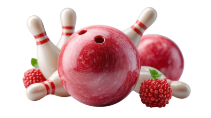 Close-up of a pink and white bowling ball and game pins with strawberries and mint leaves for a sport and fruit themed composition