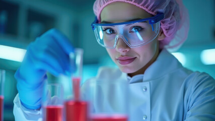 Young woman in protective medical gear conducting scientific experiment with red liquid test tubes