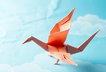 Intricate origami crane, azure paper sky background, surface, neat