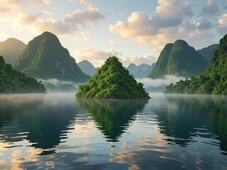 Remote triangular pyramid-shaped island rising from tranquil waters at sunrise, surrounded by lush tropical vegetation and misty clouds