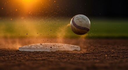 Baseball impacting a base, creating a cloud of dust in a dramatic, sunlit moment on a dirt field.