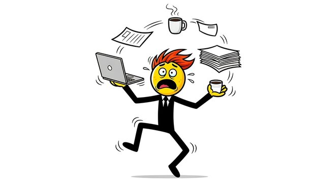 Cartoon businessman juggling office items with anxious expression and shaky legs