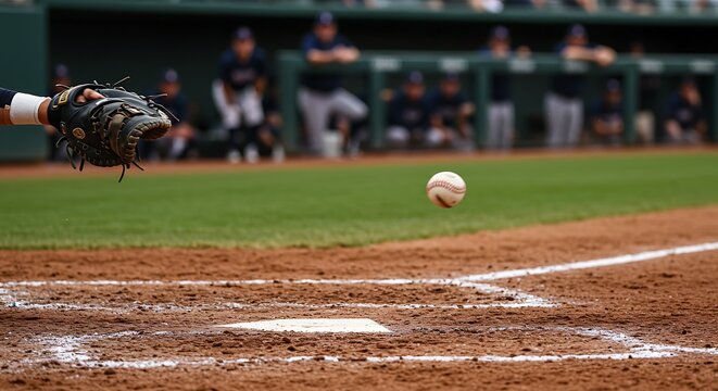 Baseball player catching a ball with a glove during a game on a dirt field with green grass.
