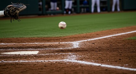 Baseball glove reaching for a baseball near home plate on a dirt field during a baseball game.