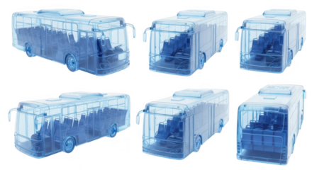 Blue transparent city buses models in multiple views showcasing interior details against a white background for transportation & architectural concepts